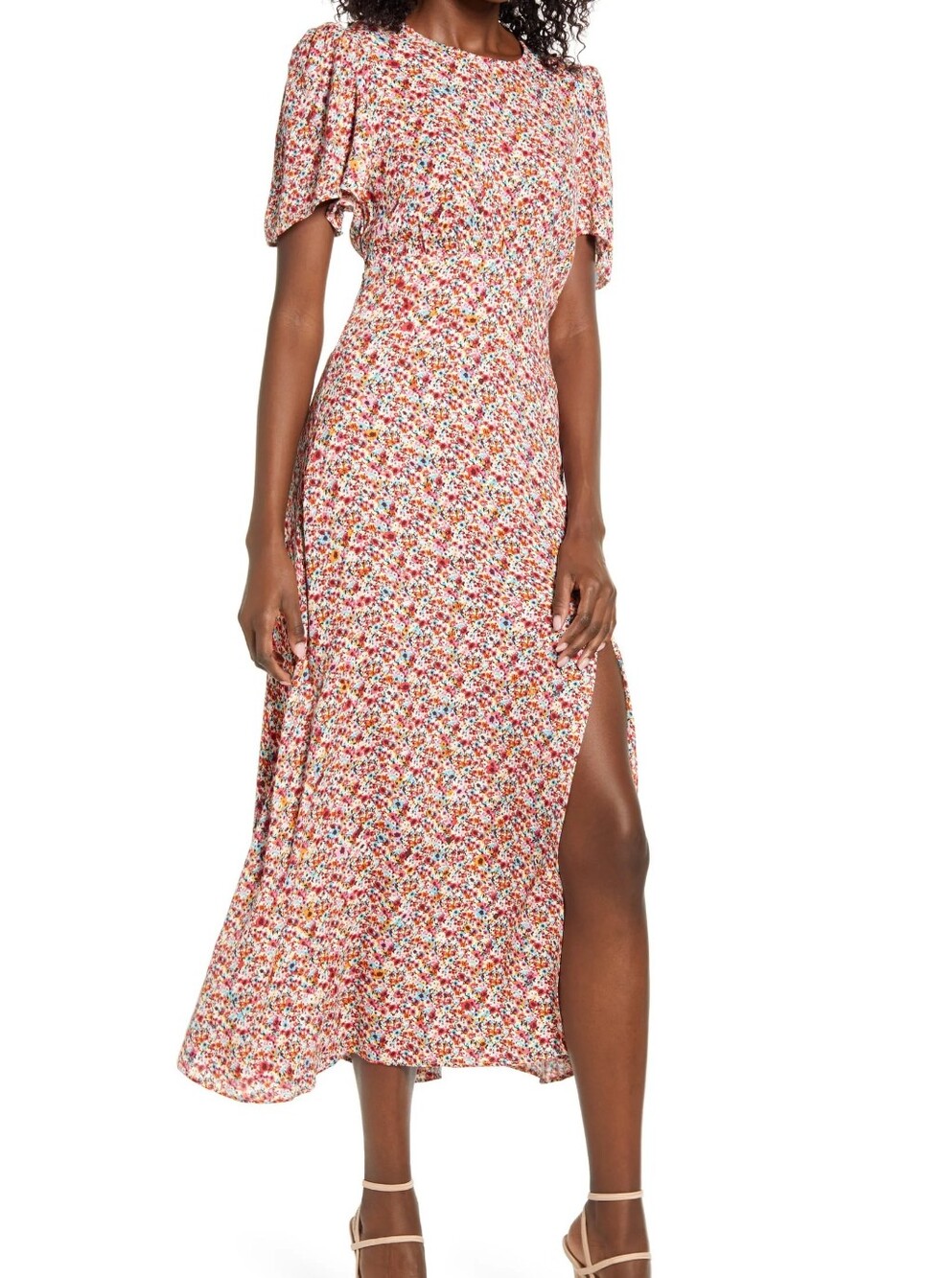 AFRM Jamie Print Open Back Short Sleeve Dress Red Ditsy Floral Motif